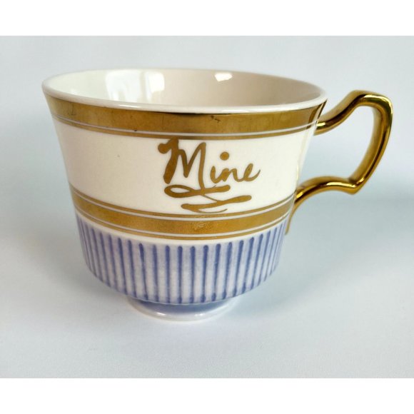 Anthropologie Home "Yours & Mine" Ceramic Cup Mug Ivory Blue Gold Set 2 Flaw - Picture 2 of 16